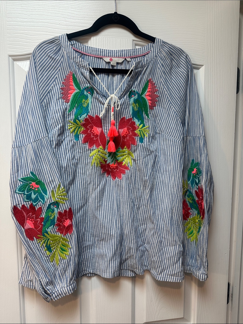 Boden Blue-White Striped Tunic with Bright Pink & Green Embroidery